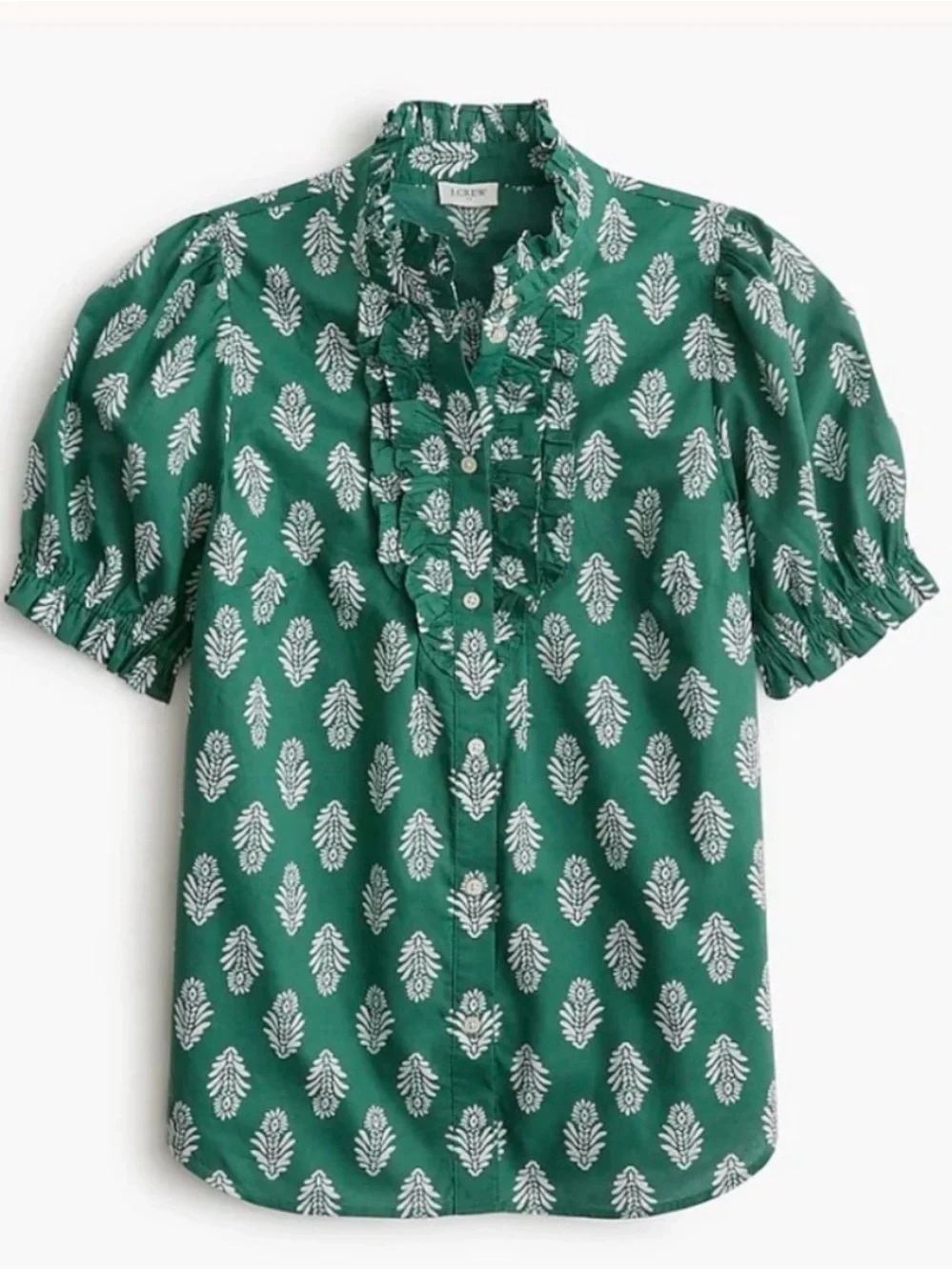 J Crew Green Printed Ruffle Front Blouse, size M